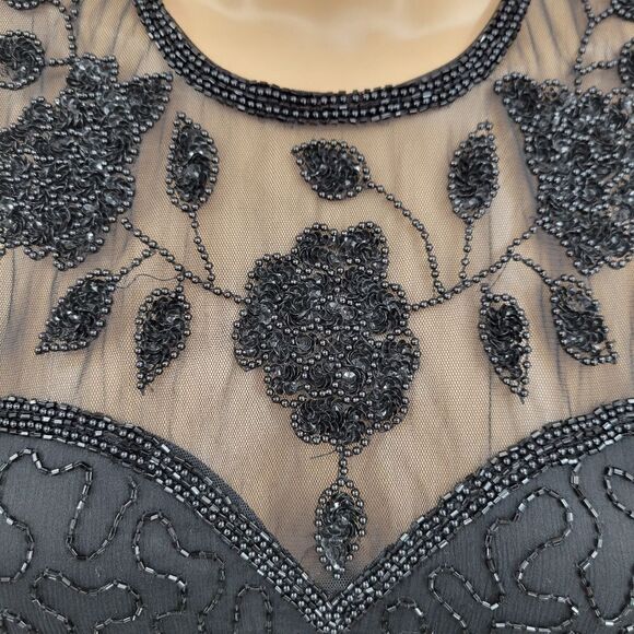 Brilliante Vintage Silk Column Black Dress Beaded Formal Illusion Neck and Back - Picture 8 of 16